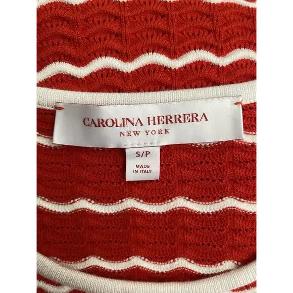 CAROLINA HERRERA Ruffled Striped Pointelle Knit Top Sweater Red White Round S